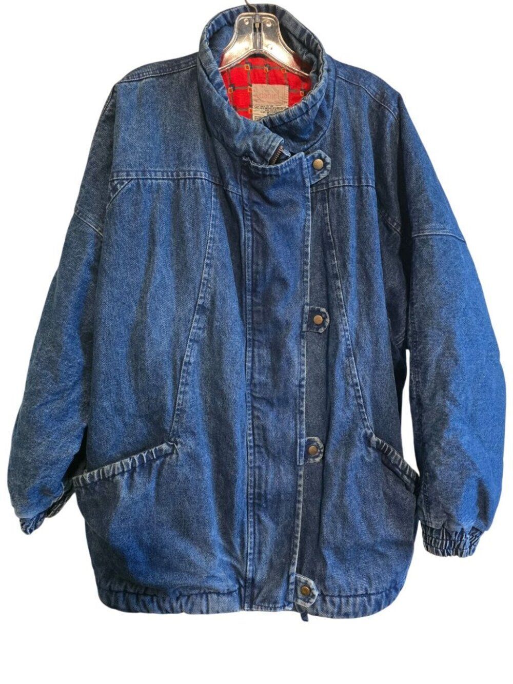 Vintage Denim Jacket Coat With Red Flannel Lining And Pockets